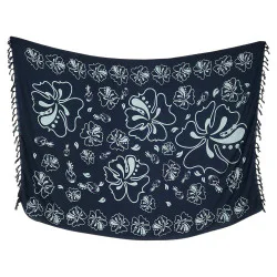 Sort hibiscus-sarong med blågråt blomstermønster