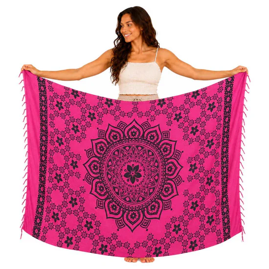 Rosa mandala‑sarong med frynser – boheme strandtæppe & tørklæde