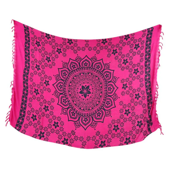Rosa mandala‑sarong med frynser – boheme strandtæppe & tørklæde