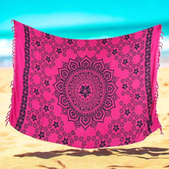 Rosa mandala‑sarong med frynser – boheme strandtæppe & tørklæde