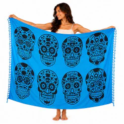 Blå Calavera-sarong med sorte dødningehoveder