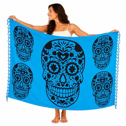 Blå Calavera-sarong med store sorte motiver