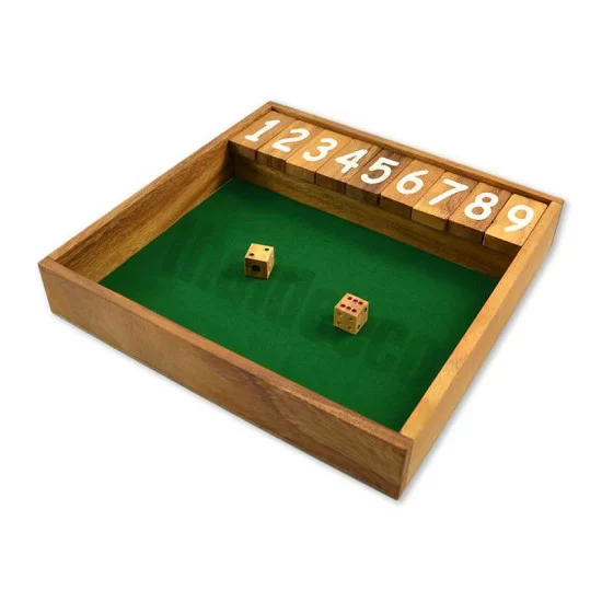 Træspil Shut The Box Large med terninger og grøn spilleflade
