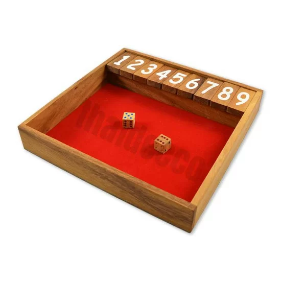 Træspil Shut The Box Large med terninger og rød spilleflade